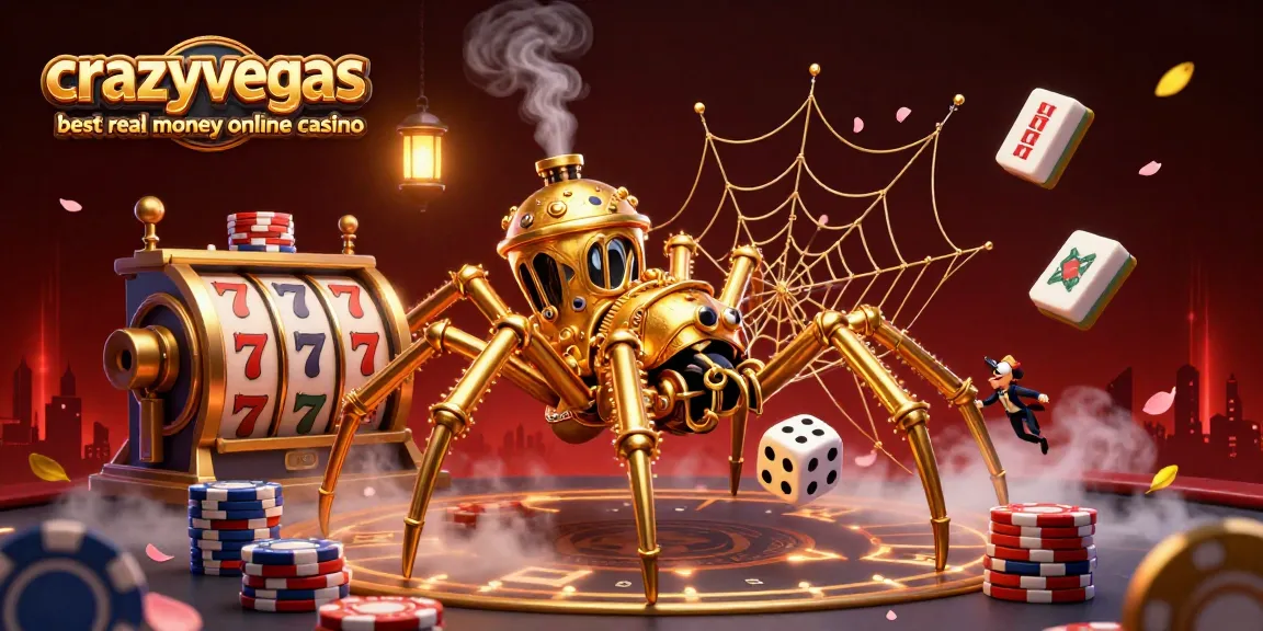 Catching lucky dice in the web, the crazyvegas best real money online casino features a steampunk spider amidst gaming elements.