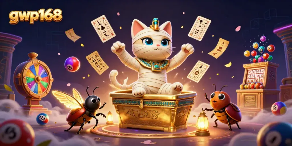 Menyediakan permainan gacor di gwp168 dengan ilustrasi kucing mummy 3D dan efek menarik.