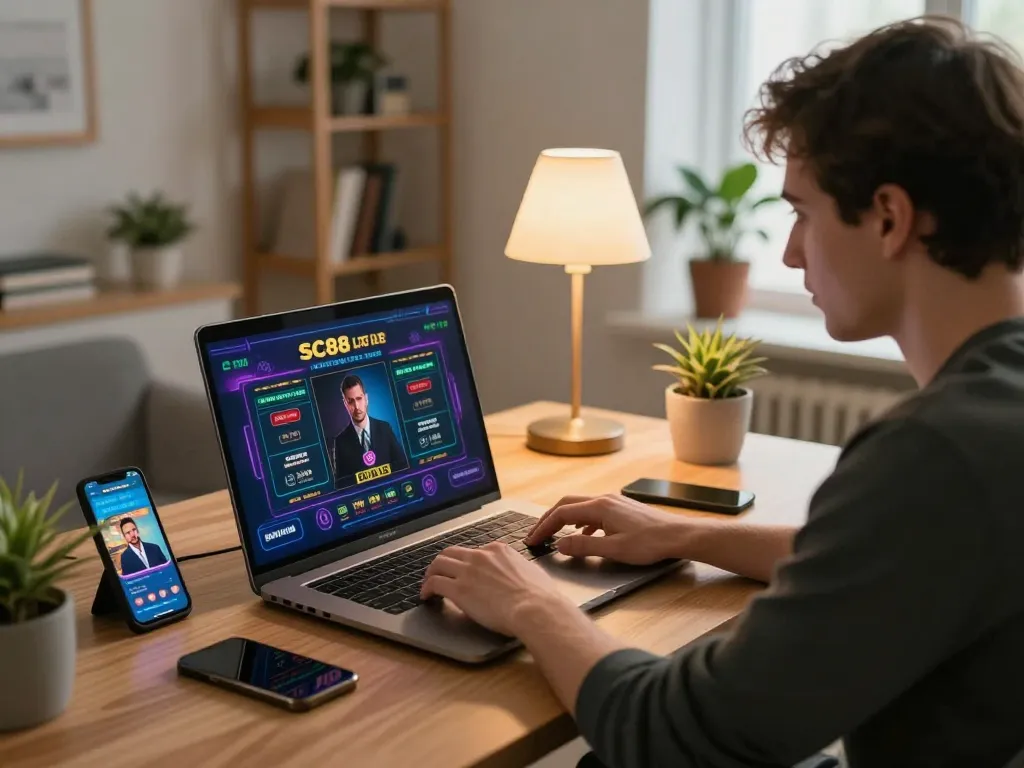 Engaging with SC88 live dealer game on laptop in cozy home office setup