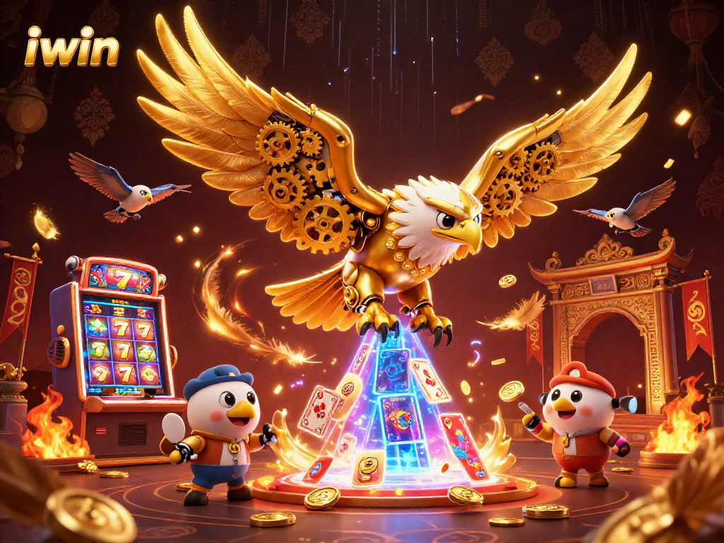 Iwin showcases an exhilarating gaming scene with a golden eagle and slot machine elements amidst flying cards.