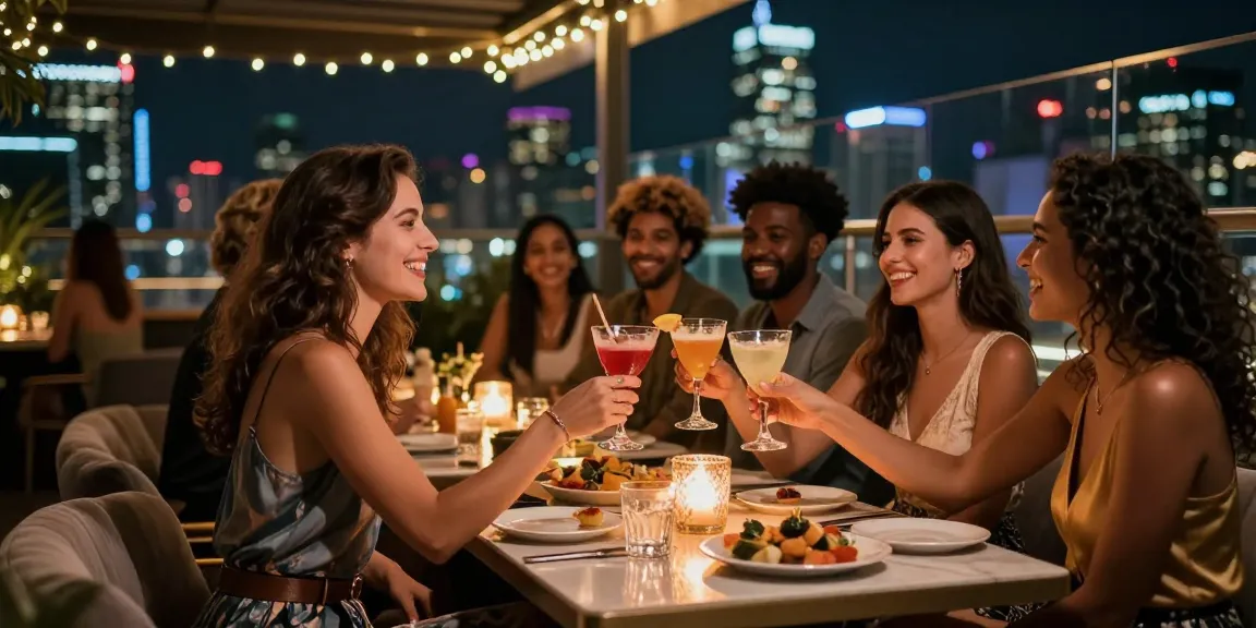 Những cô gái gọi vui vẻ cùng nhau tại quán bar rooftop sang trọng, tạo không khí đêm đầy sức sống.