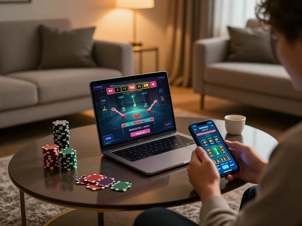 Engaging with online casino via SpinAdvisor on a laptop while managing bankroll.