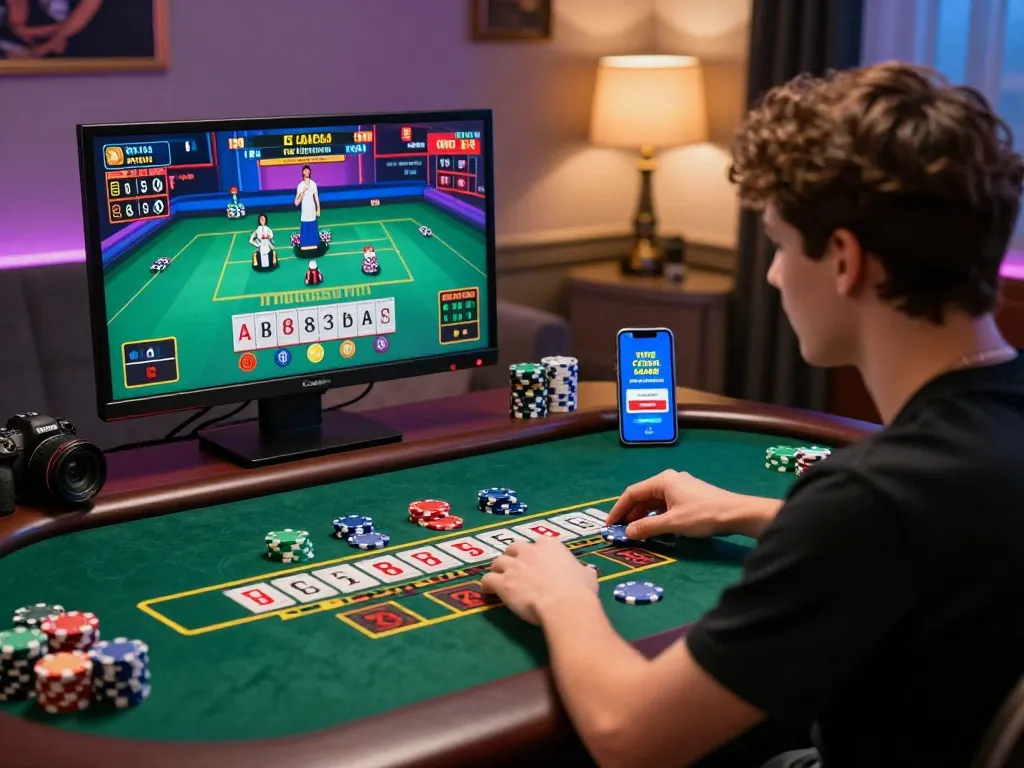 Player enjoying free credit baccarat at a live dealer table, showcasing vibrant gaming setup and smartphone bonus code.