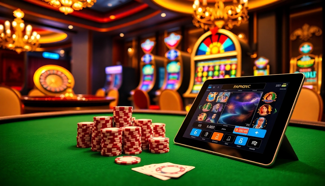 היכנסו ל-רמי אונליין עם אלמנטים קזינו ממכרים המדגישים פוקר, רולטה וממשקים דיגיטליים.