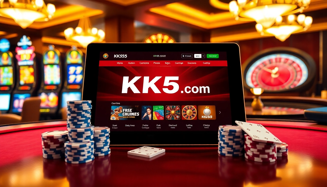 Experience the thrill of online gambling at KK55.com with luxurious casino visuals featuring poker chips and tablets.