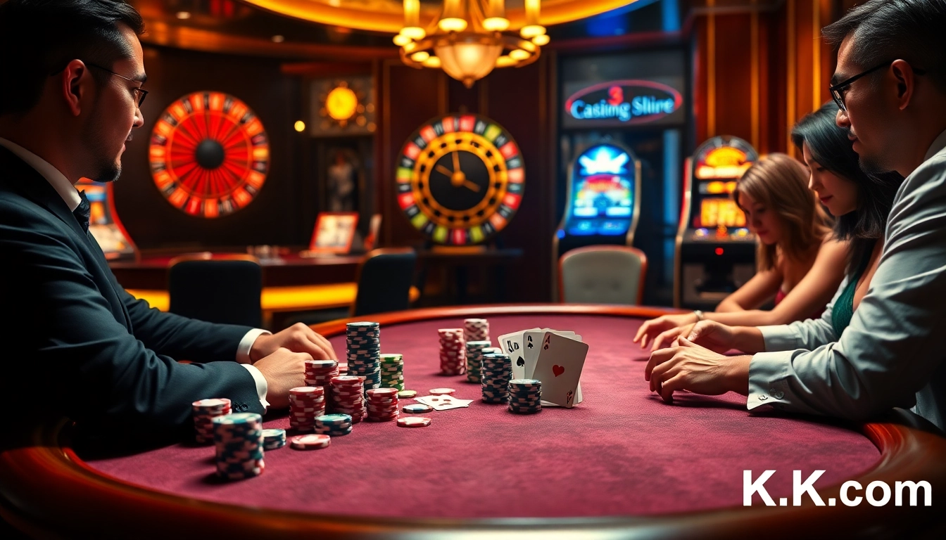 Engage in a thrilling high-stakes poker game at KK55.com with vibrant chips and an elegant casino atmosphere.