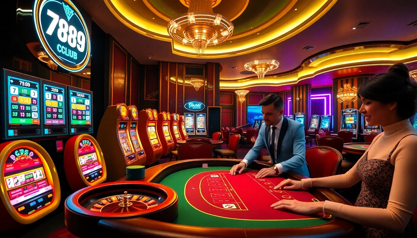 Engaging scene of gamblers enjoying games at 789club's vibrant casino tables and slots.