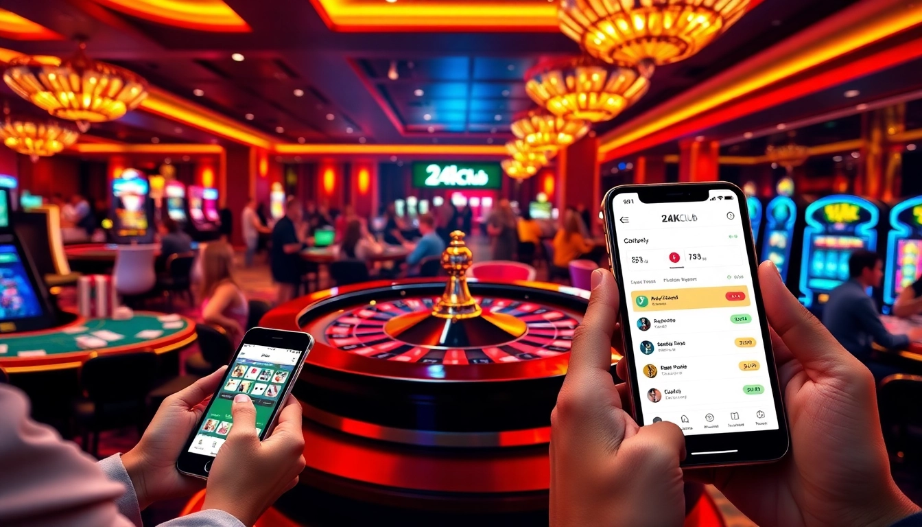 The 24kclub app enhances casino experiences with engaging gameplay on mobile devices amidst a vibrant casino atmosphere.