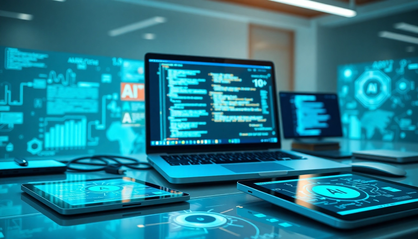 Showcase an advanced AI Software interface on a digital workspace with high-tech displays and gadgets.