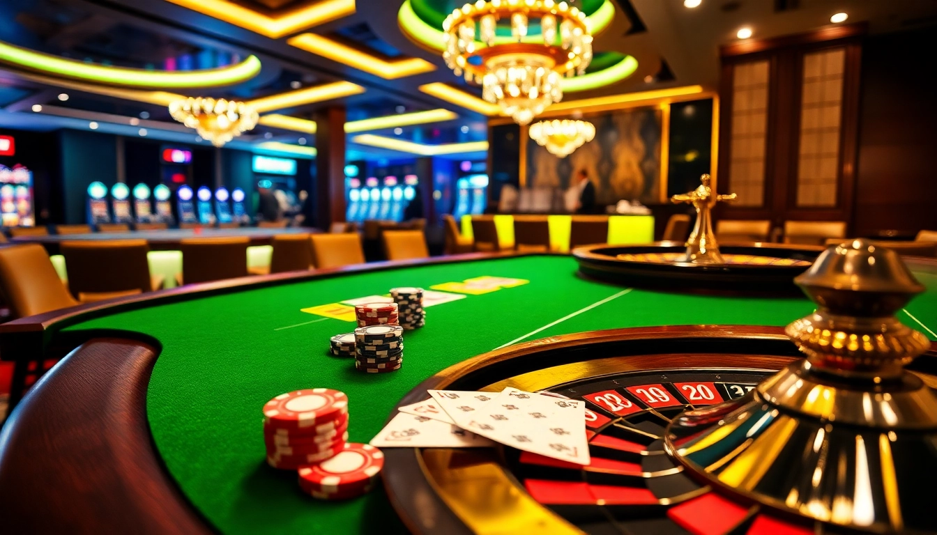 High-stakes gambling scene at https://fly88.services/ with poker table, roulette wheel, and vibrant casino ambiance.