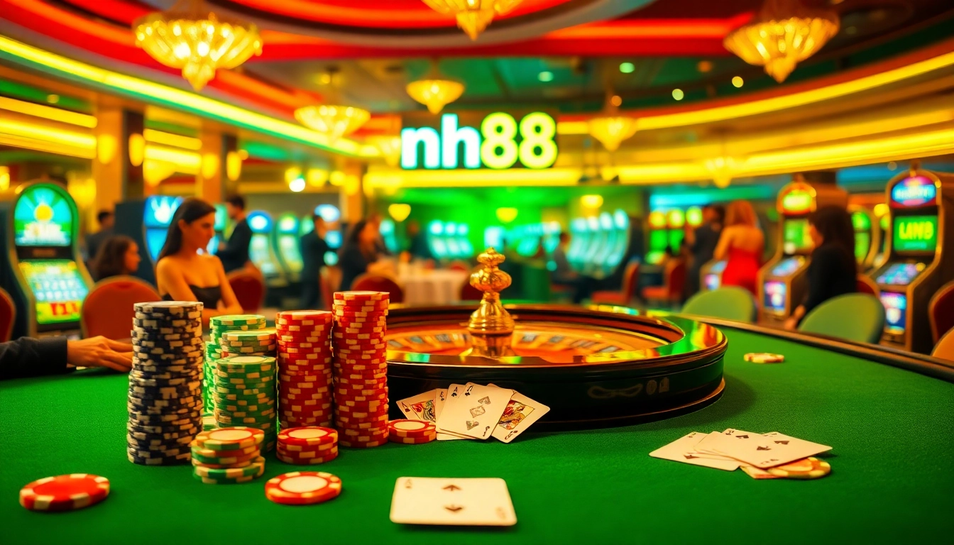 Experience the thrill of gambling at nh88 with a luxurious poker setup and vibrant casino atmosphere.