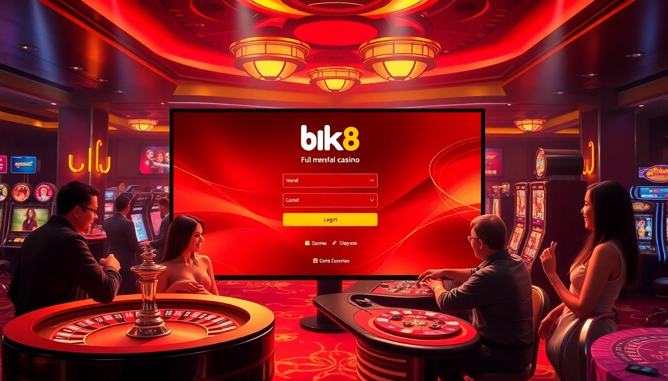 Engaging players at a bk8 login interface in a luxurious casino setting, with vibrant colors and thrilling games.