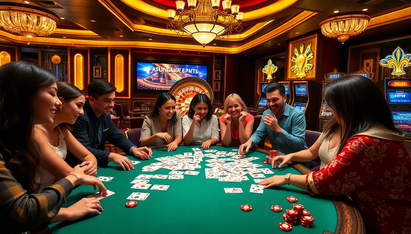 שחקנים נהנים מרמי אונליין על שולחן קזינו תוסס עם קלפים ושבבים.