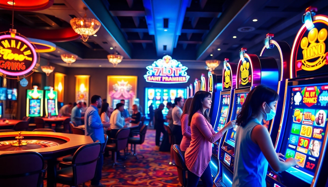 Players enjoying the excitement of slot online apiraja88 in a vibrant casino atmosphere.