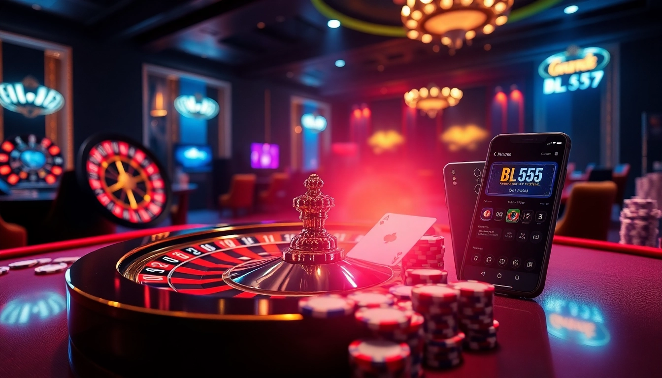Experience the thrill of Nhà cái BL555 with an elegant casino scene featuring vibrant roulette and poker games.