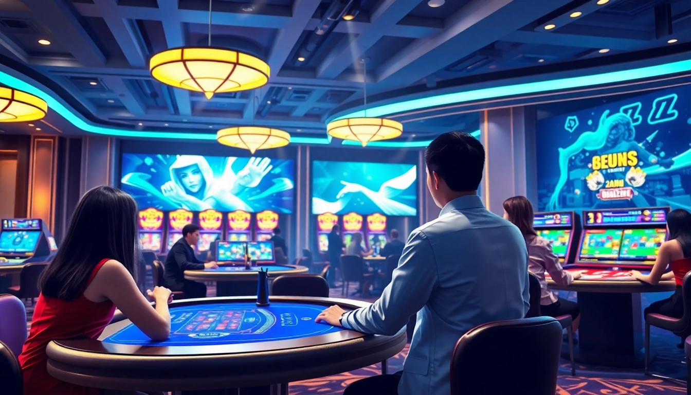 에볼루션 게임 테이블을 포함한 생동감 넘치는 카지노 환경을 보여줍니다.