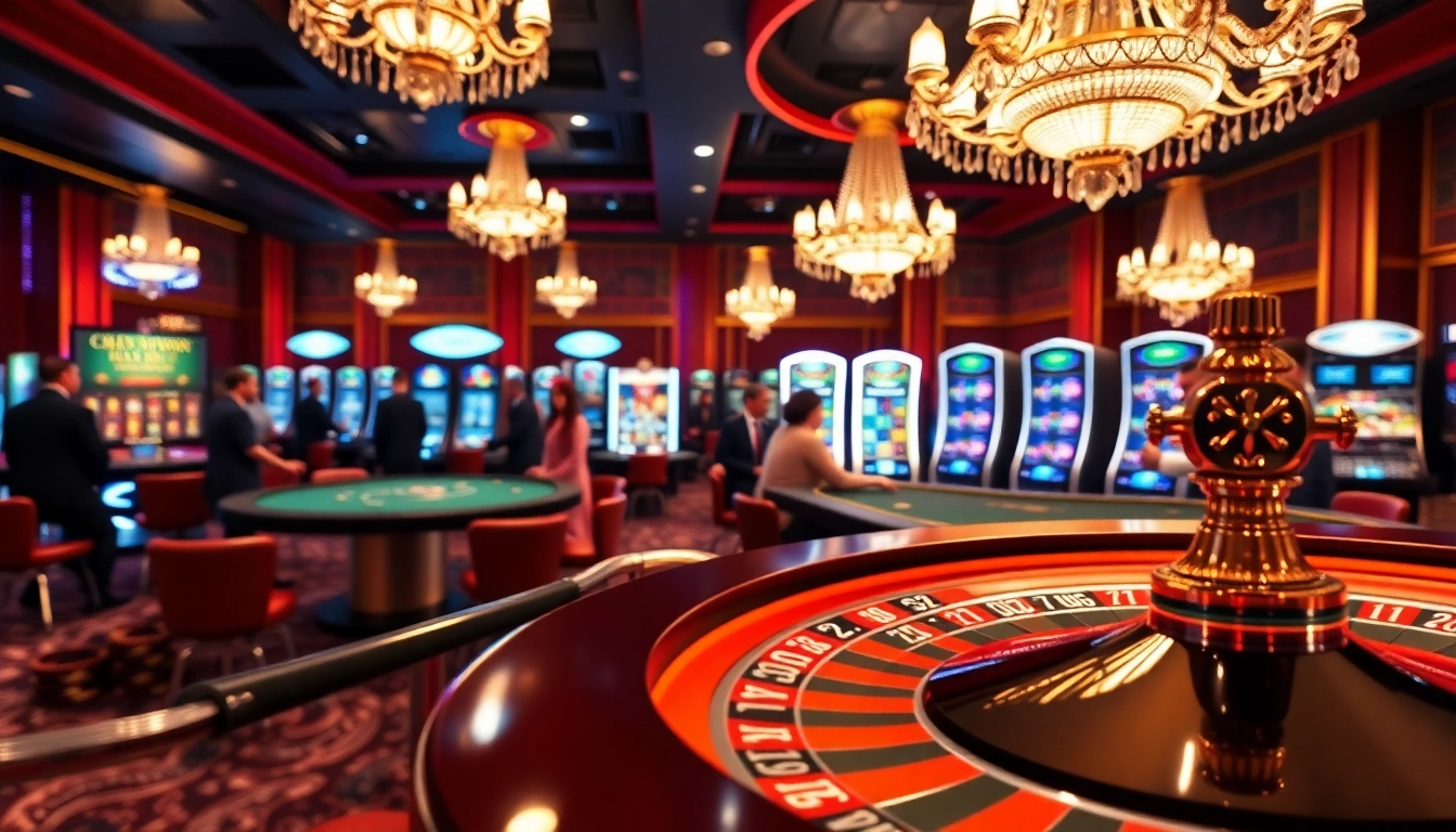 Experience kaptenjackpot at a vibrant casino scene featuring roulette and slot machines.