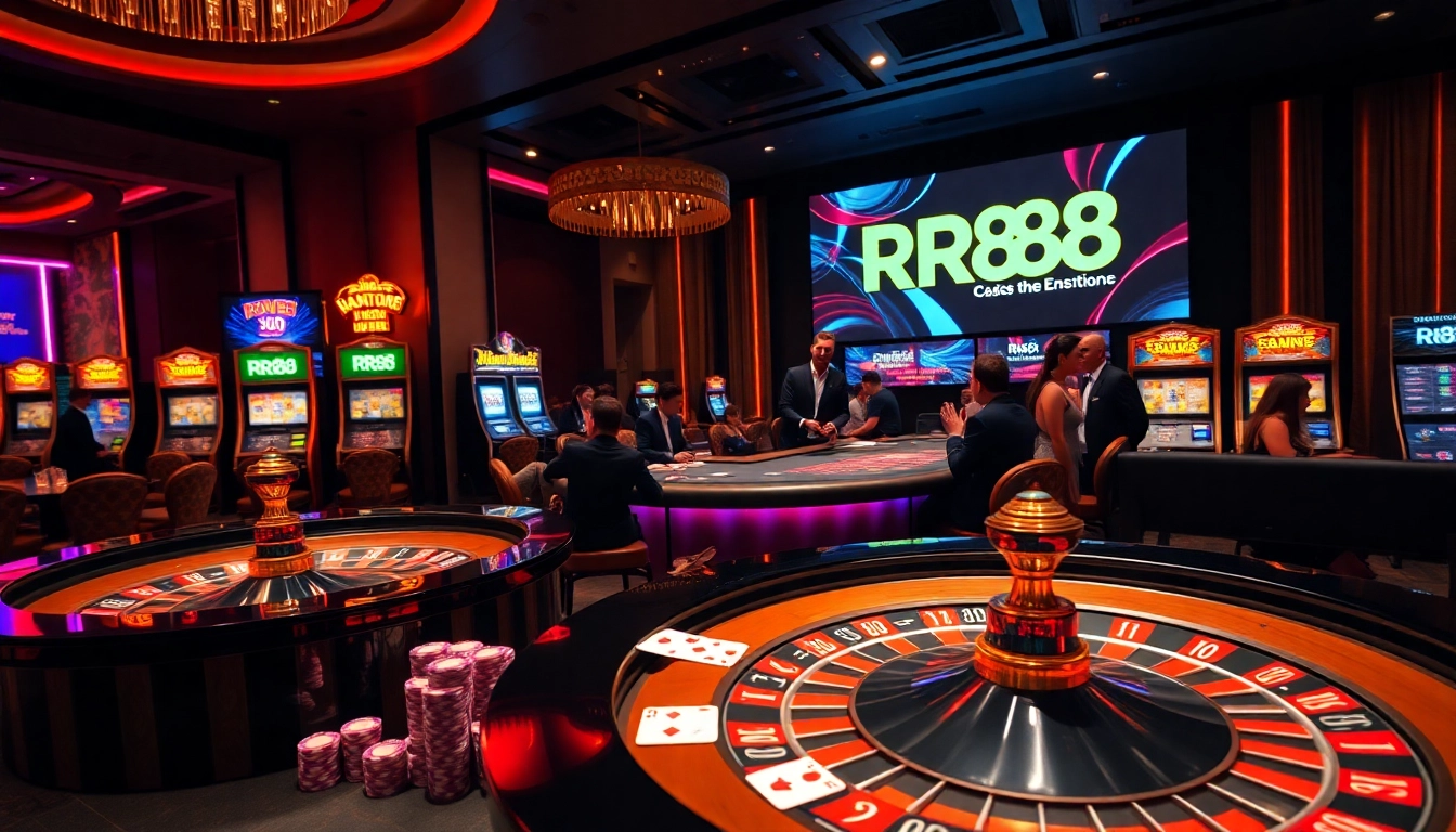 Exciting casino scene featuring poker chips and cards, highlighting RR88 gaming experience.