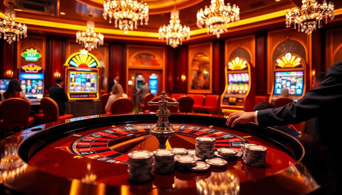 Excited players engage at a roulette table in a luxurious 98win casino.