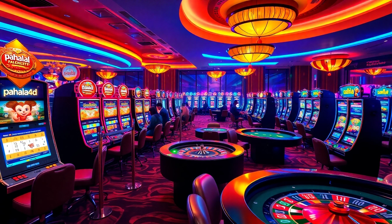 Pahala4d gaming experience showcases vibrant tables and slot machines in a luxurious casino atmosphere.
