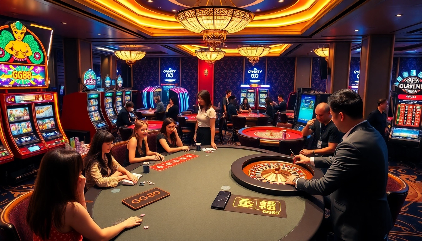 Excited players engaging in various casino games at GG88, featuring vibrant slot machines and luxurious tables.