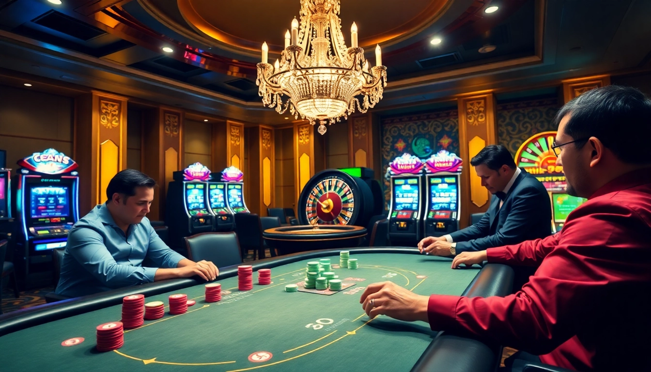 Engage with thrilling games at https://s8com.net, showcasing a vibrant casino atmosphere filled with poker tables and slot machines.