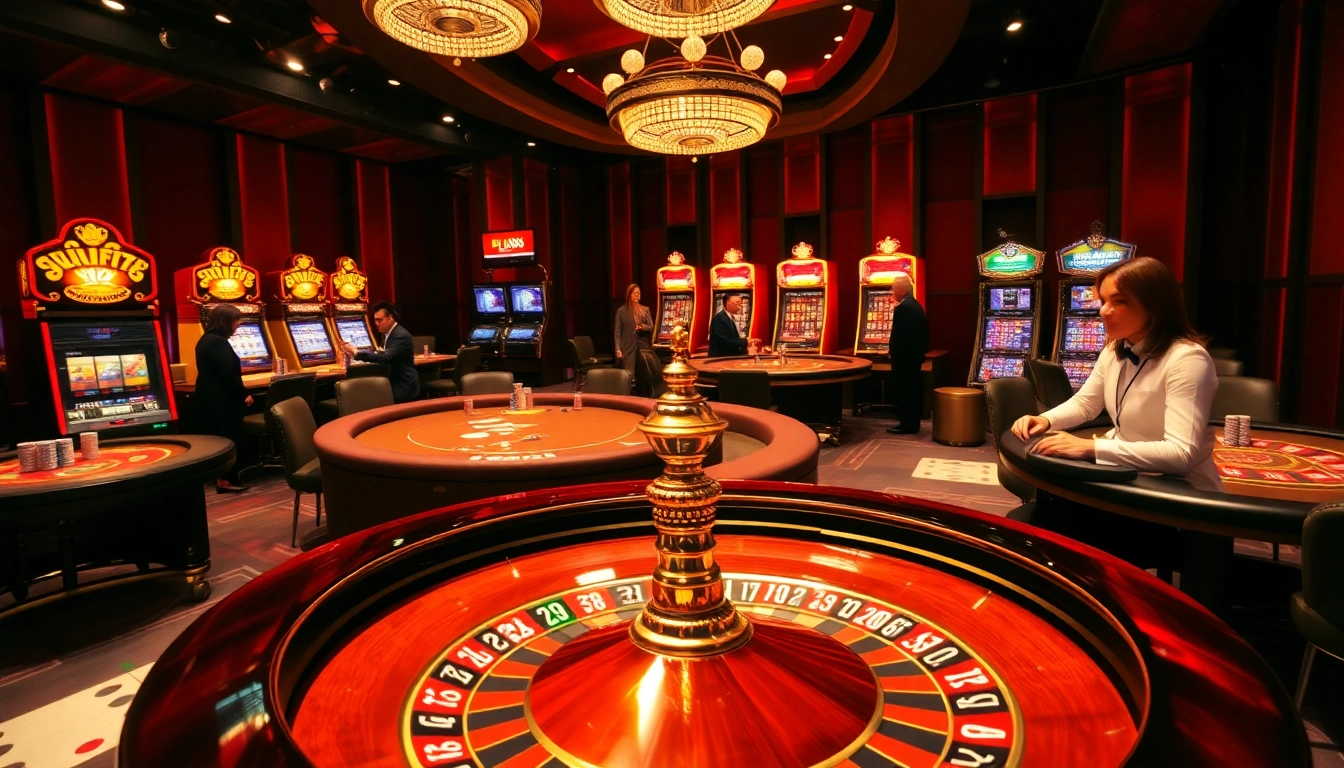 Experience the thrill of FLY88 as players engage with high-stakes roulette and poker tables in a luxurious casino.