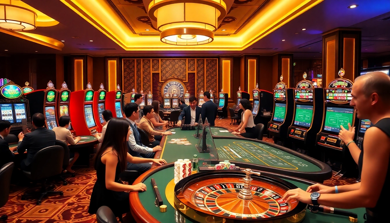 Dynamic gaming experience at XX88 featuring lively casino tables and slot machines.