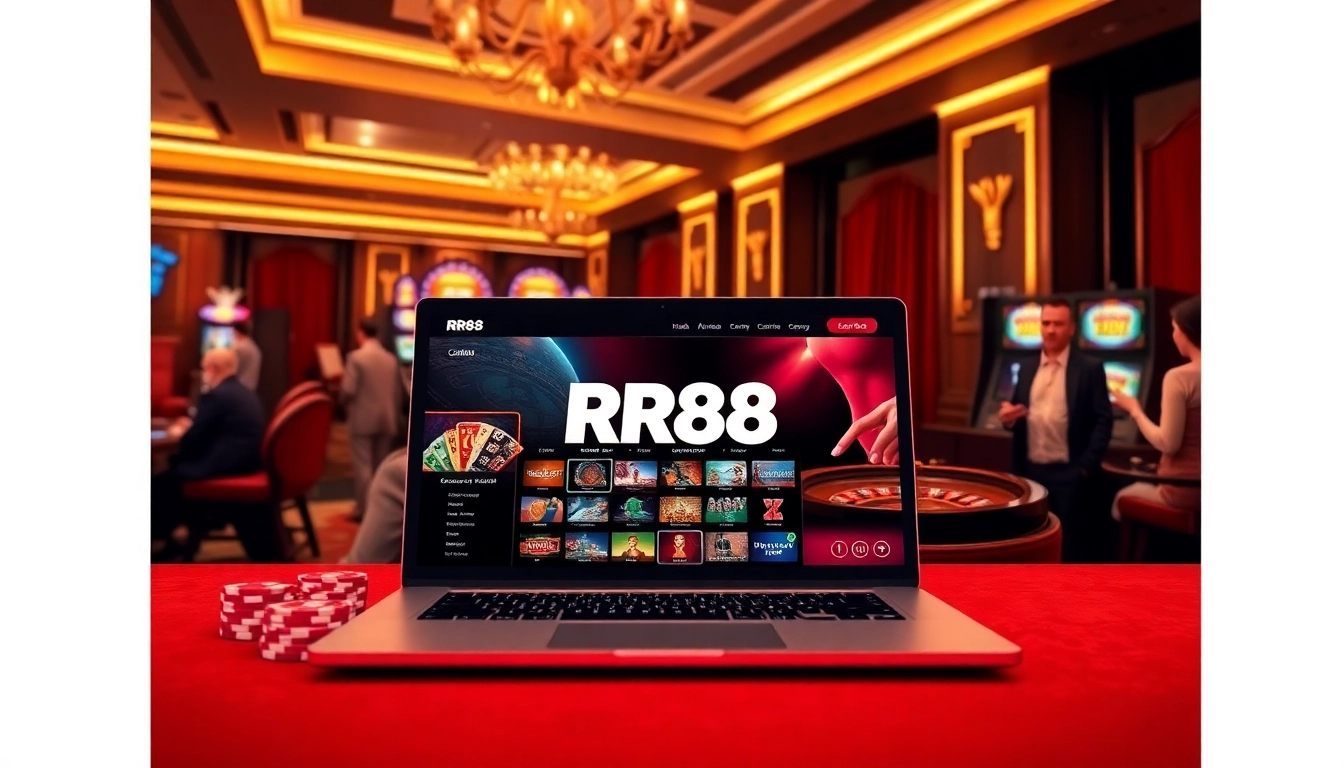 RR88 players enjoying online casino games with vibrant visuals and poker chips.