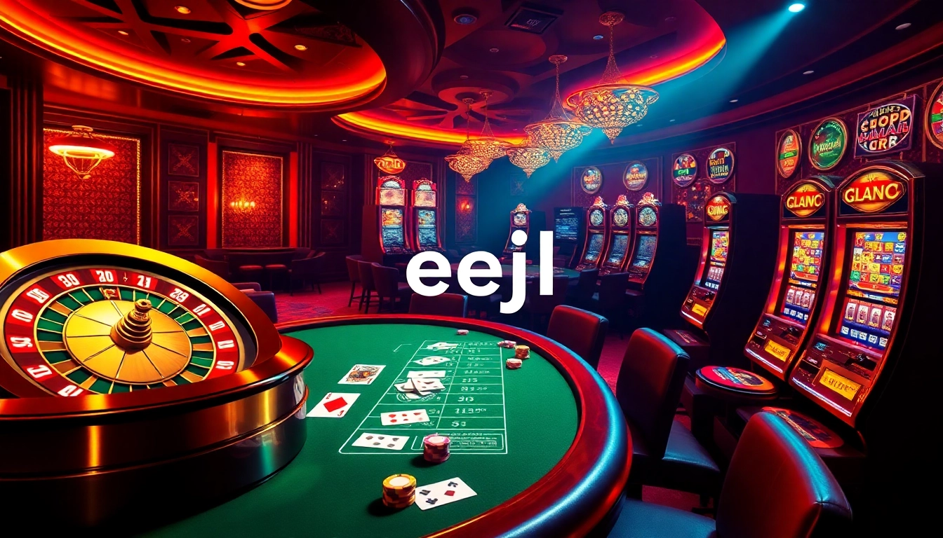 Experience thrilling casino excitement with eejl, featuring a luxurious roulette wheel and high-stakes gaming tables.