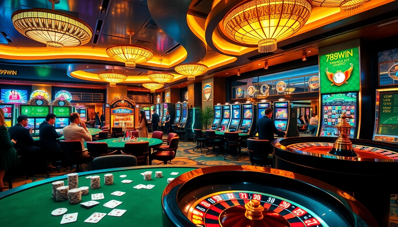 Players enjoying a captivating game experience at 789WIN casino, showcasing poker and roulette tables.