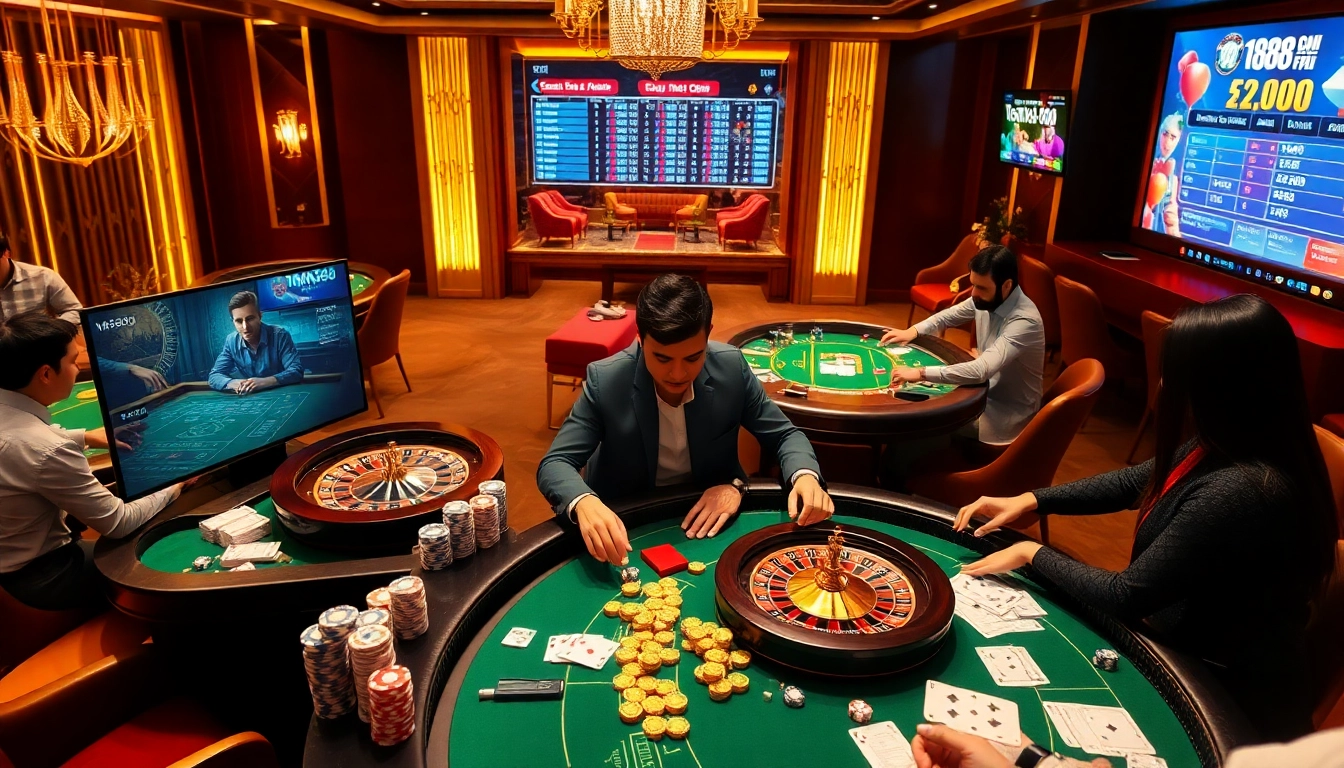 Players engaging in thrilling games at nhà cái Man88's online casino environment featuring vibrant tables and vibrant interface.