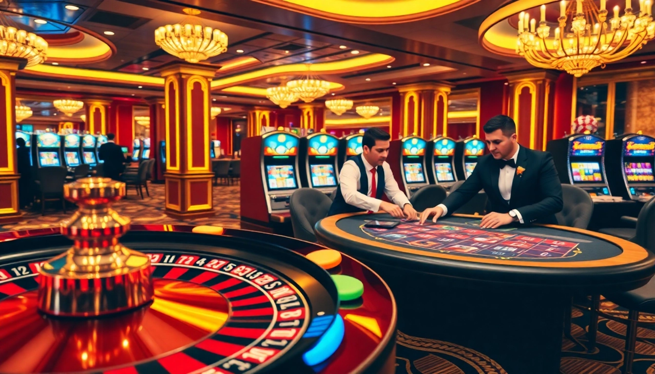 Kx8 casino players enjoy an exhilarating game of blackjack with vibrant roulette wheel in a luxurious casino setting.