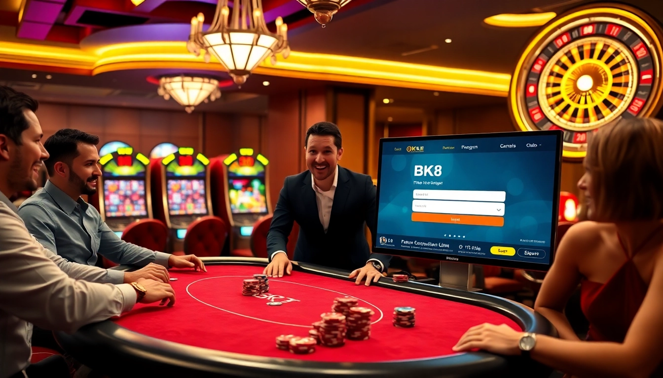 bk8 login on a vibrant casino setting showcasing players at the poker table and slot machines.