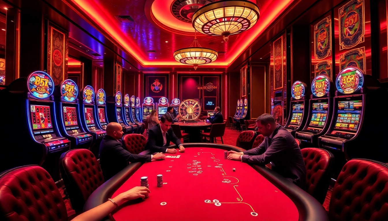 Players celebrating victories at the b52 club poker table with high-value chips and vibrant slot machines.