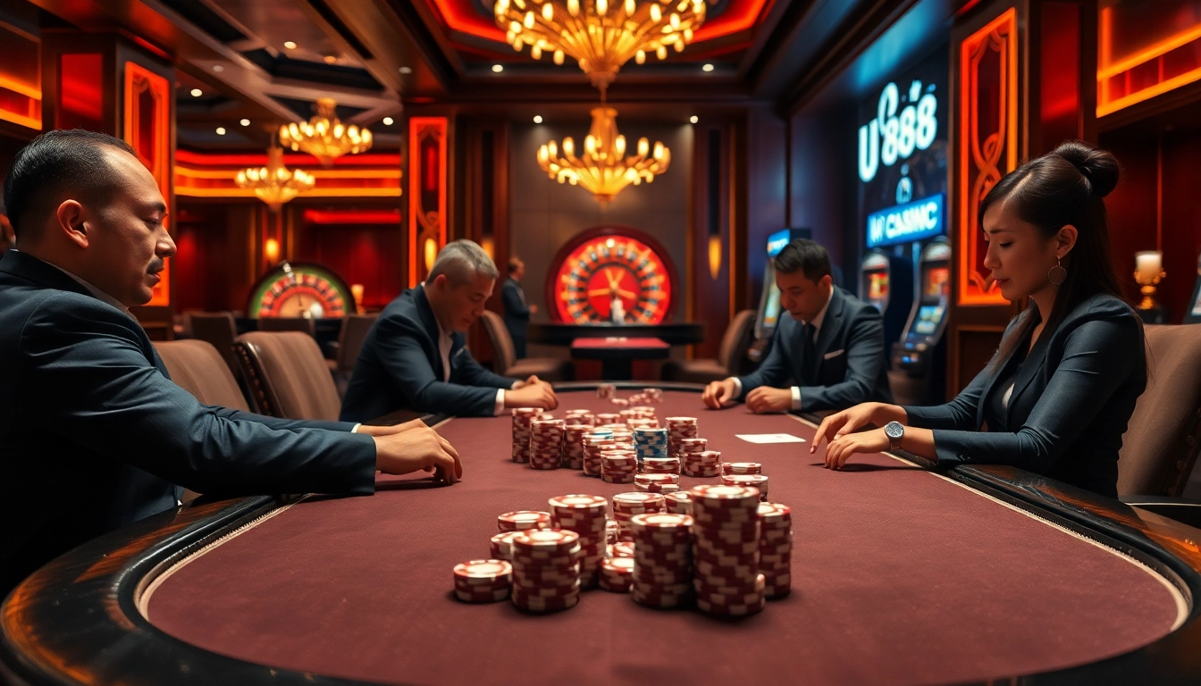 Casino scene showcasing U 888 poker action with high stakes, players engaged, and vibrant ambiance.