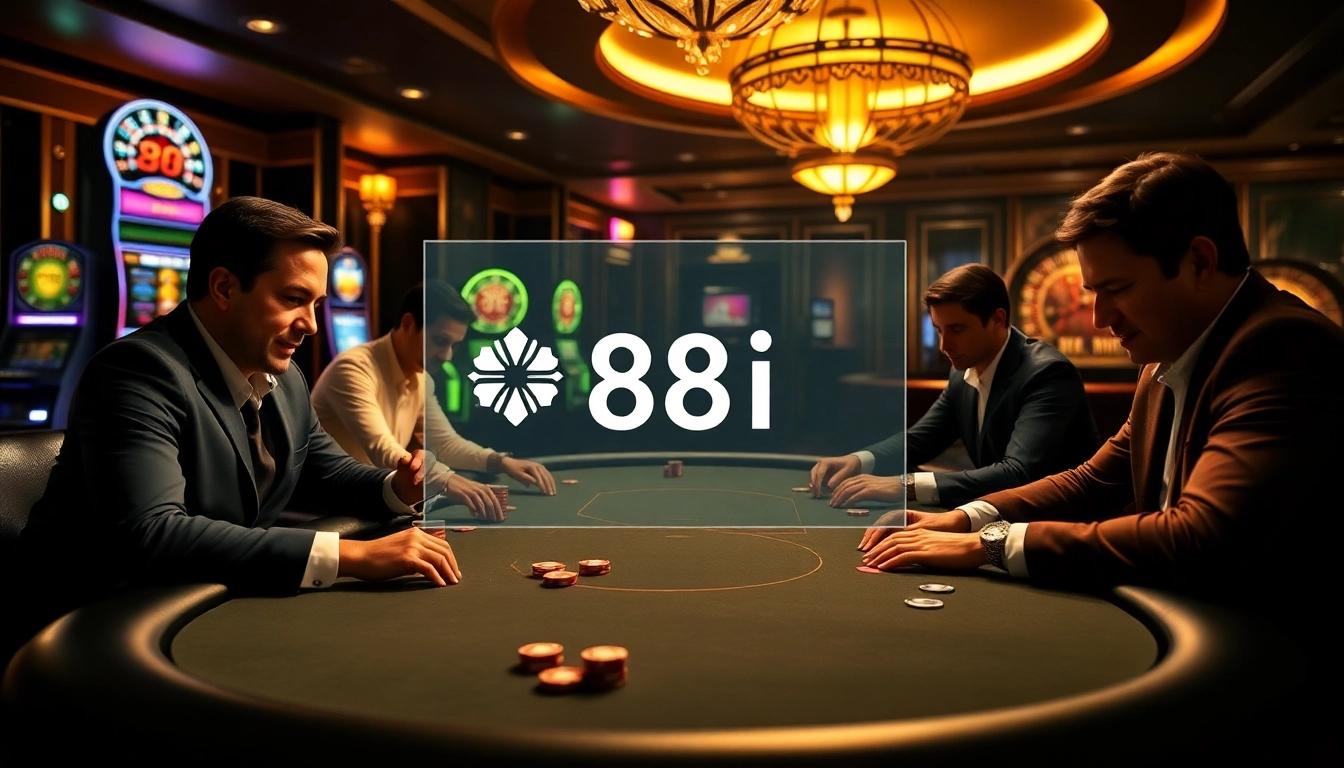 Players enjoying a thrilling poker game at 88i online casino, featuring vibrant chips and cards.
