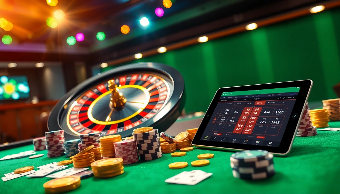 Experience the thrill of gambling at NOHU90 with a lively casino scene featuring a spinning roulette wheel and poker chips.
