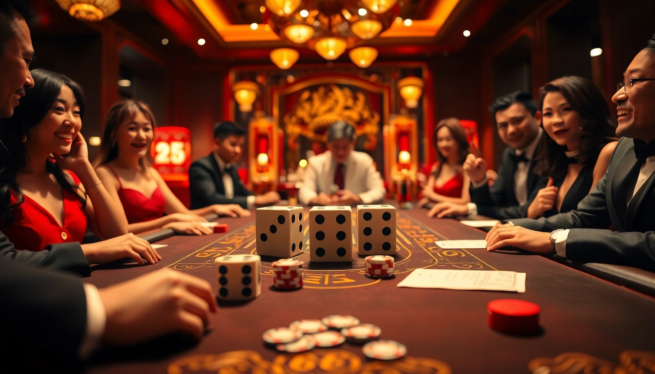 Excited players engaging in the Tai Xiu game at a luxurious casino table.