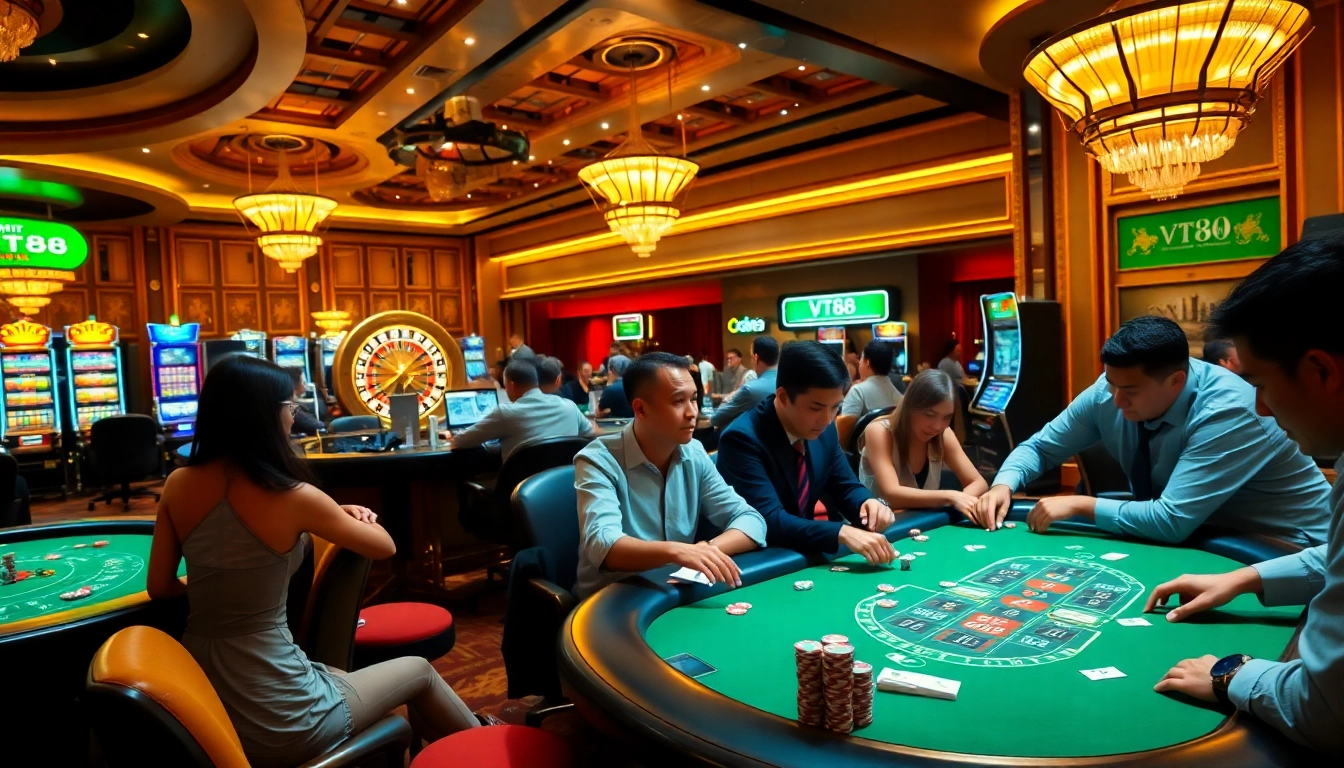 VT88 casino players enjoying intense poker action at a luxurious gaming table.