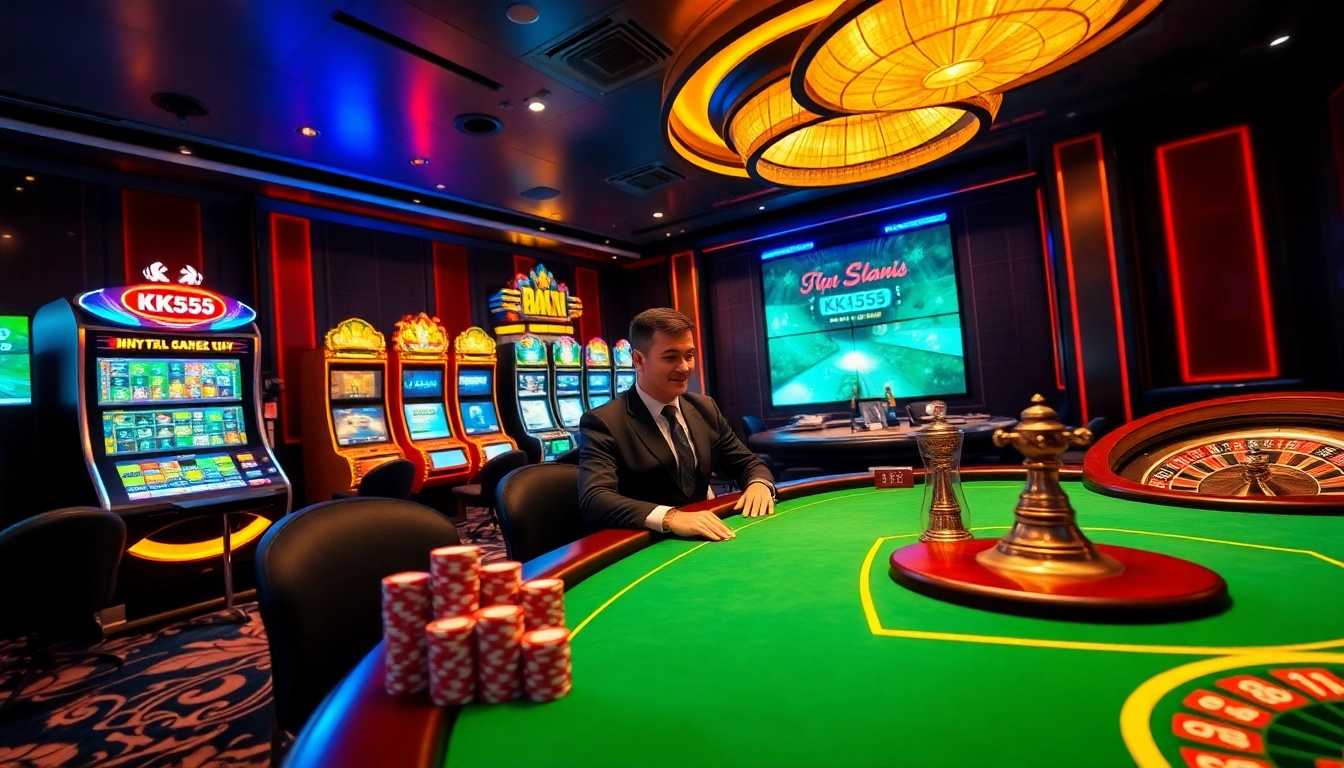 Exciting poker gameplay at Nhà cái KK55, showcasing vibrant casino elements and immersive atmosphere.