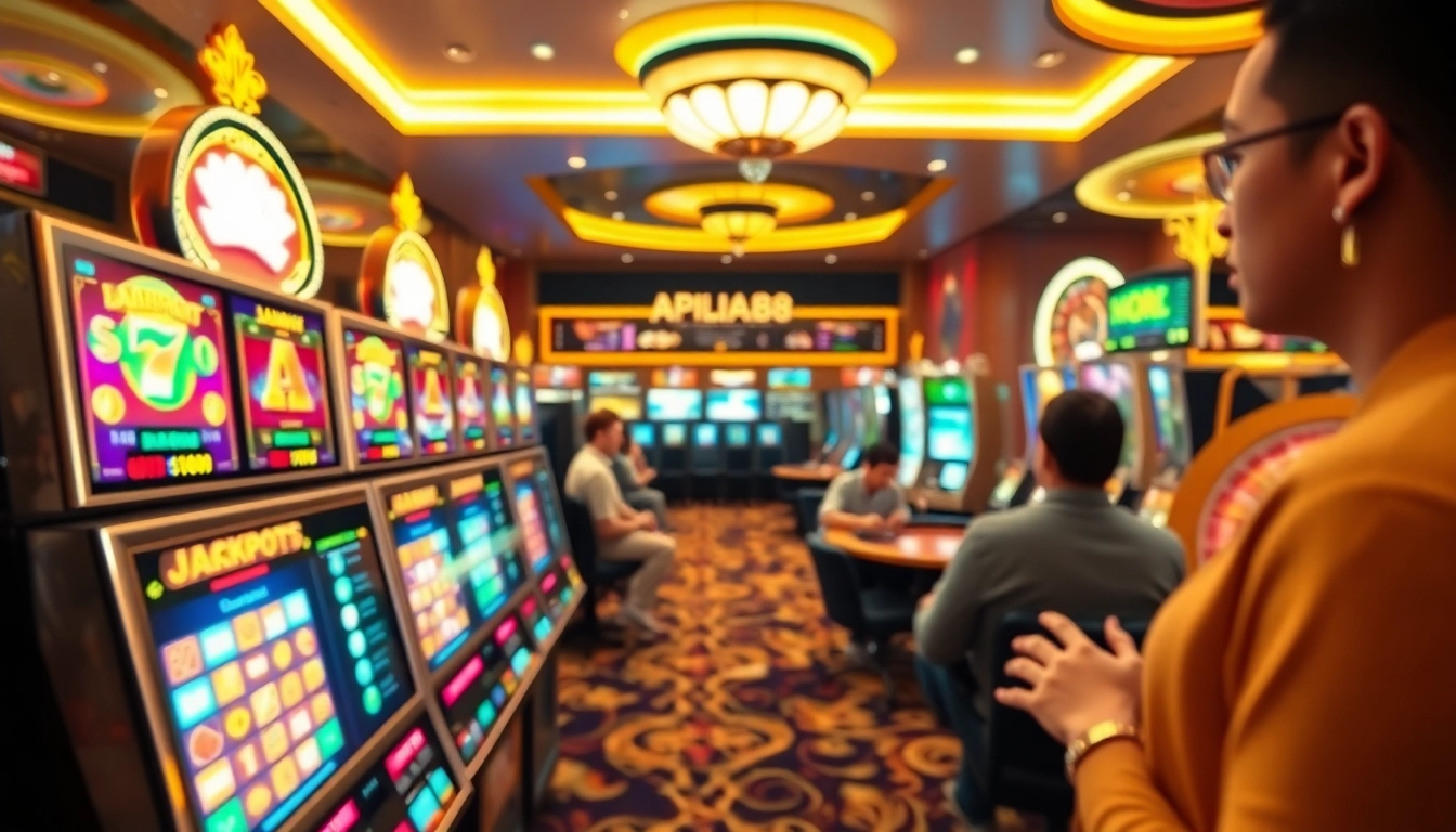 Players excitedly enjoying slot online apiraja88 games, showcasing vibrant slot machines and casino ambiance.