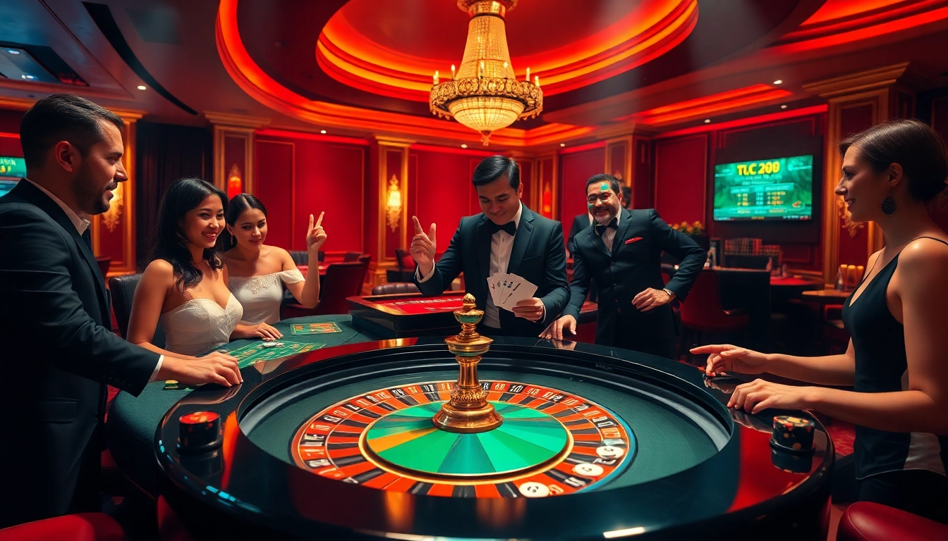 Excited players at a luxurious LC88 trang chu casino table, showcasing vibrant roulette and cards.