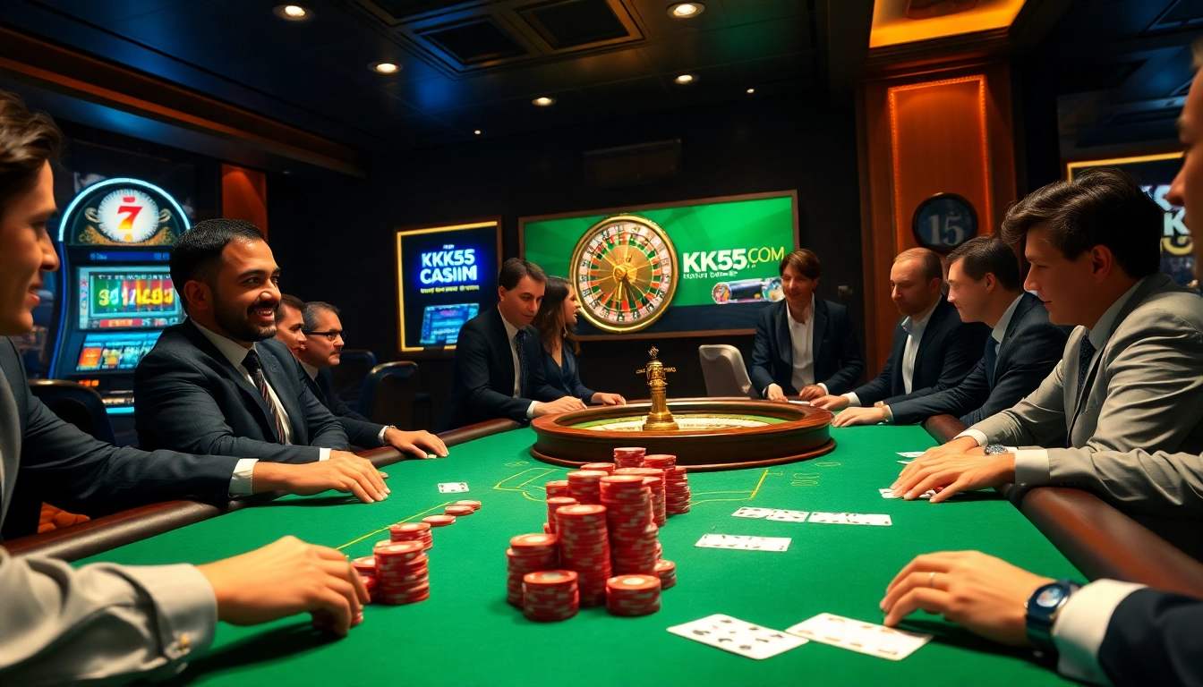 Experience high-stakes excitement at KK55.com with players engaging in poker and roulette.