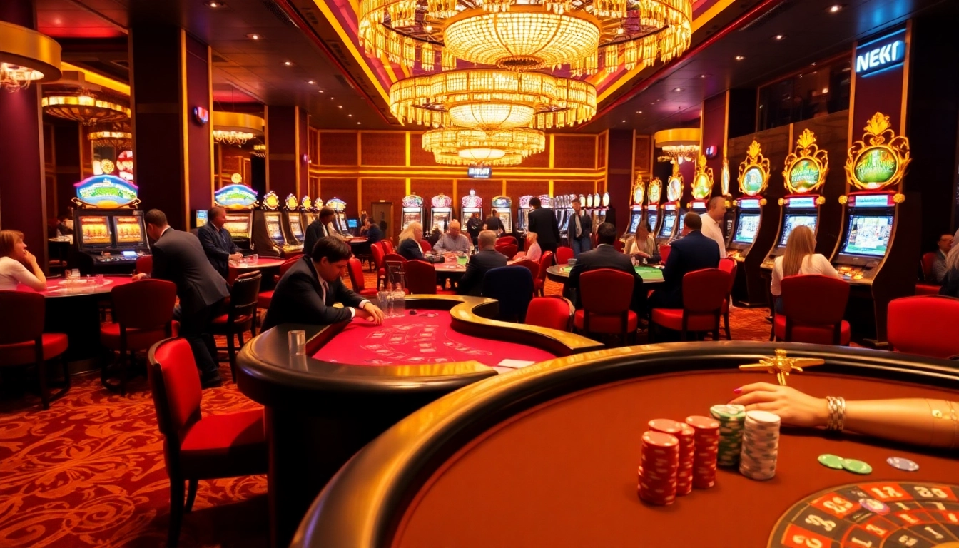 Experience the vibrant thrill of gambling at https://mu88.camp/ with players enjoying poker, roulette, and slot machines.