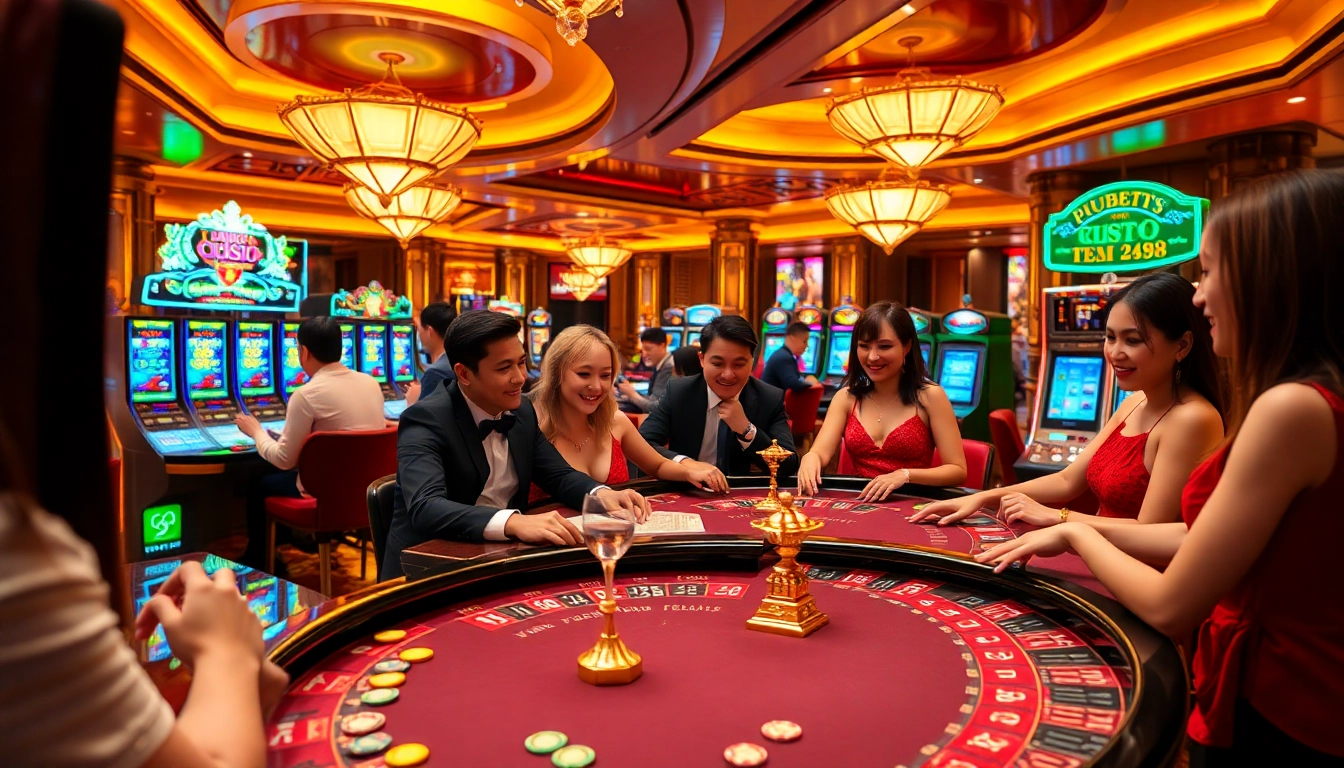 Engaging gamers at kubet88 enjoy a luxurious casino experience with vibrant slot machines and roulette tables.
