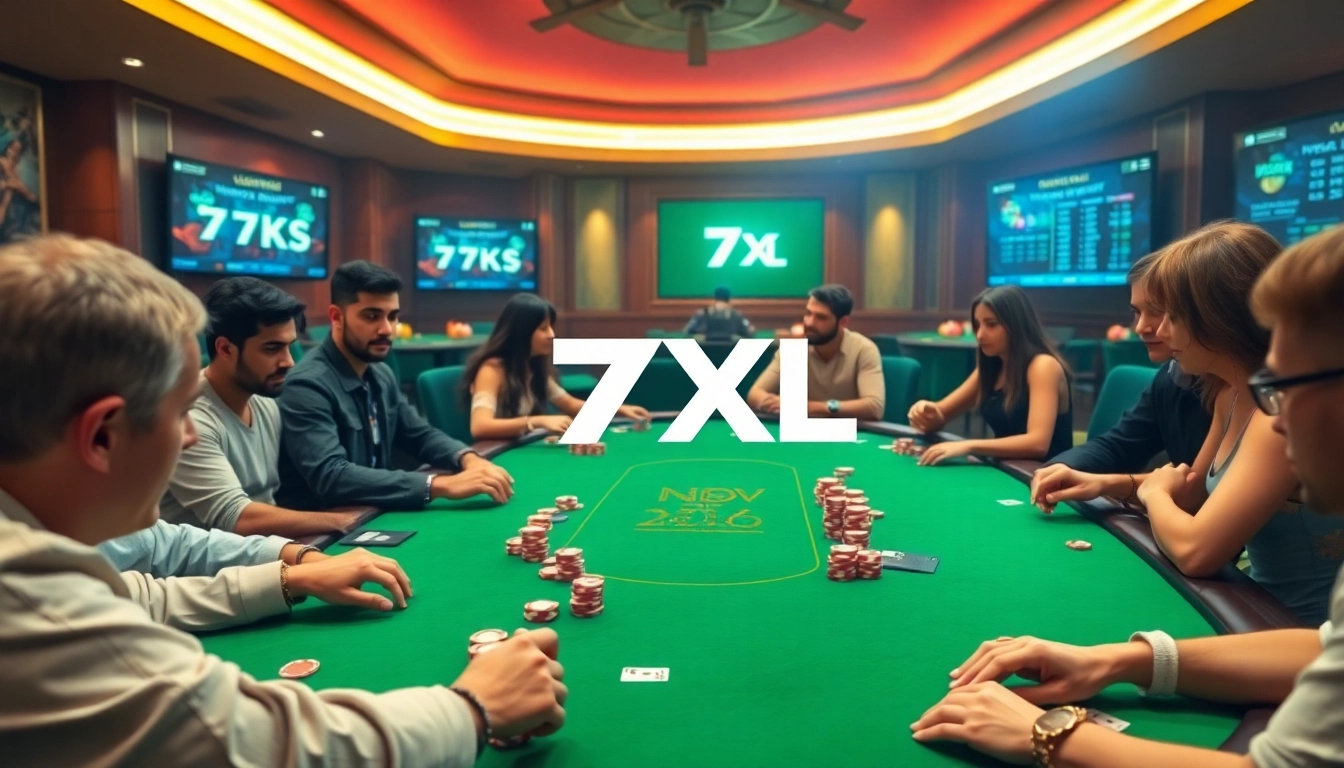 תמונת 7xl להורדה המציגה חדר פוקר דיגיטלי תוסס עם שחקנים שונים וטכנולוגיית משחק מתקדמת.