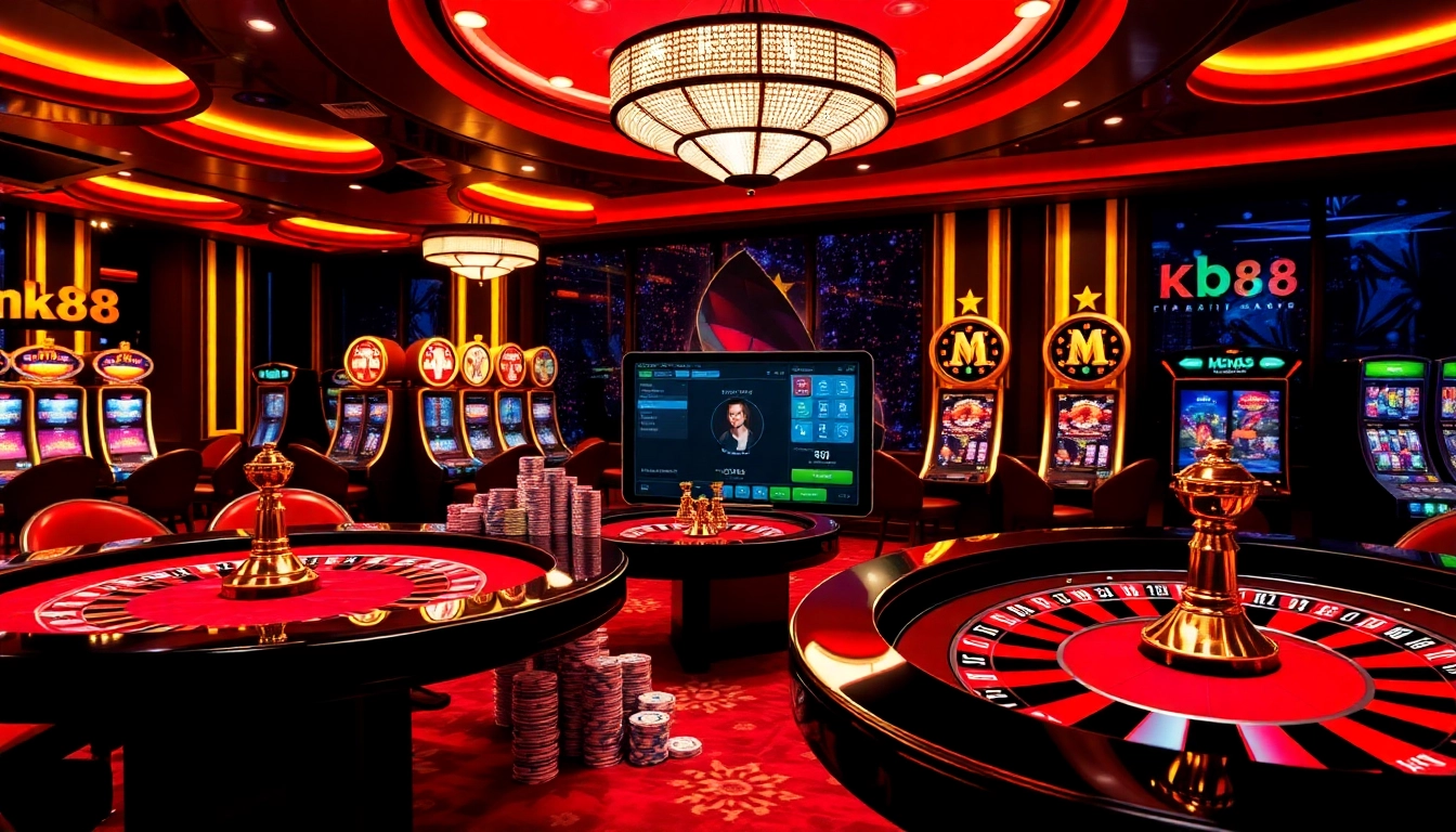 Exciting scene of gambling at nk88 casino with tables, chips, and a roulette wheel.