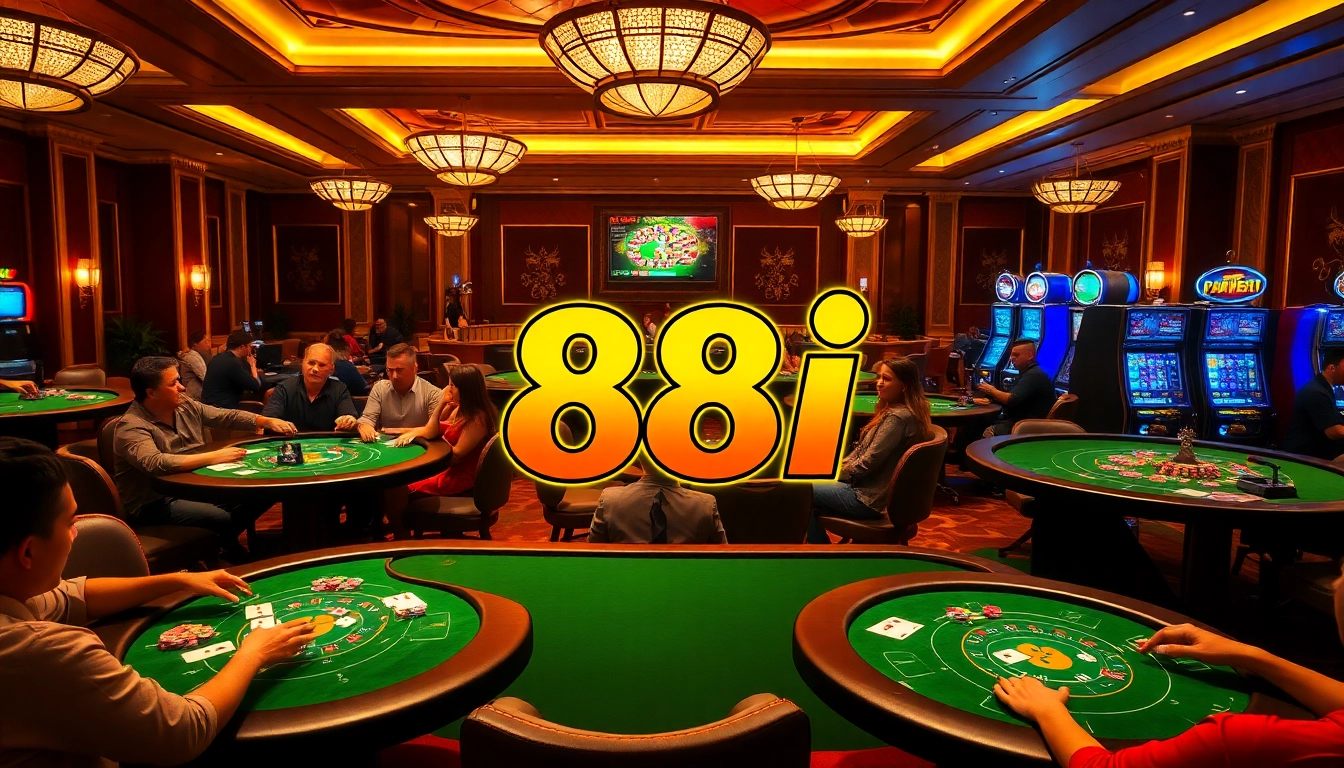 Players enjoying thrilling games at a casino with the 88i logo prominent, showcasing excitement and luxury.