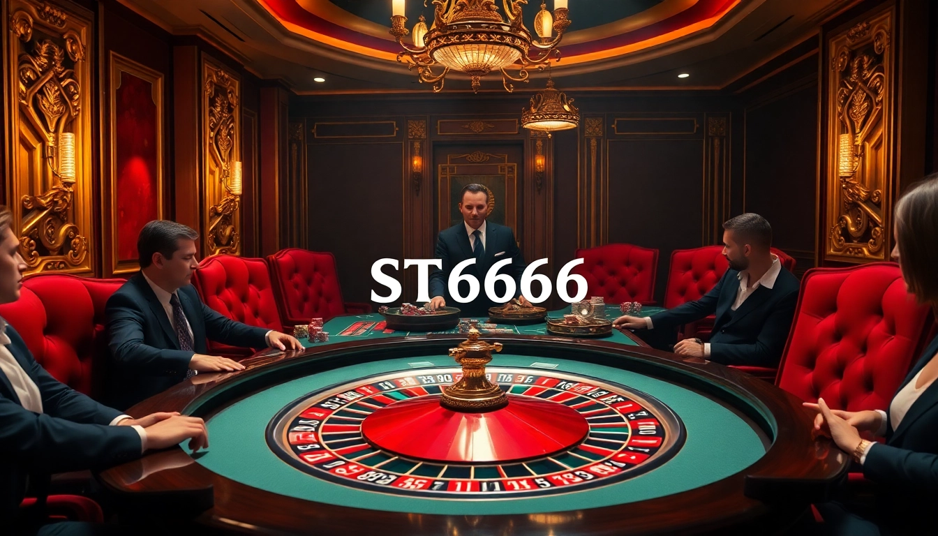 Poker players enjoy the excitement of ST6666 at a glamorous casino table.